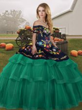 Unique Green Off The Shoulder Neckline Embroidery and Ruffled Layers Ball Gown Prom Dress Sleeveless Lace Up