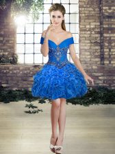 Best Selling Sleeveless Organza Mini Length Lace Up Prom Evening Gown in Royal Blue with Beading and Ruffles