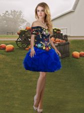 Lovely Royal Blue Lace Up Off The Shoulder Embroidery and Ruffles Prom Evening Gown Tulle Sleeveless