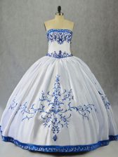  Embroidery Quinceanera Gown Blue And White Lace Up Sleeveless Floor Length