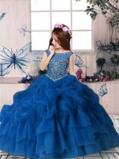 Customized Blue Ball Gowns Scoop Sleeveless Organza Floor Length Zipper Beading and Pick Ups Kids Formal Wear