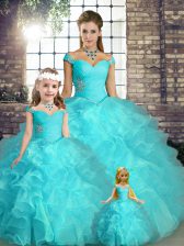 Great Organza Off The Shoulder Sleeveless Lace Up Beading and Ruffles Sweet 16 Dress in Aqua Blue