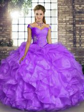  Lavender Ball Gowns Beading and Ruffles Quinceanera Gown Lace Up Organza Sleeveless Floor Length