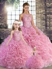  Beading Quinceanera Dresses Rose Pink Lace Up Sleeveless Floor Length