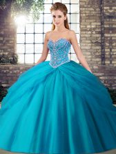 Custom Fit Brush Train Ball Gowns 15 Quinceanera Dress Aqua Blue Sweetheart Tulle Sleeveless Lace Up