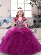 Top Selling Fuchsia Lace Up Little Girls Pageant Gowns Beading and Ruffles Sleeveless Floor Length