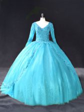 Admirable Floor Length Ball Gowns Long Sleeves Aqua Blue Quince Ball Gowns Lace Up