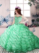 Custom Fit Apple Green Straps Lace Up Beading and Ruffled Layers Kids Pageant Dress Court Train Sleeveless