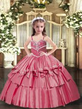 Admirable Red Ball Gowns Straps Sleeveless Taffeta Floor Length Lace Up Beading Girls Pageant Dresses