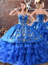  Blue Neckline Embroidery Ball Gown Prom Dress Sleeveless