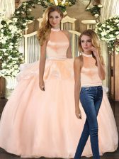 Elegant Peach Ball Gowns Halter Top Sleeveless Organza Floor Length Backless Beading Quinceanera Gown