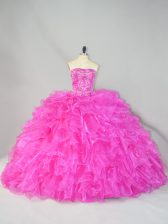 On Sale Hot Pink Sleeveless Organza Court Train Lace Up Quinceanera Gowns for Sweet 16 and Quinceanera