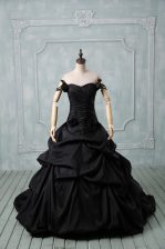 Elegant Sleeveless Pick Ups and Hand Made Flower Lace Up 15 Quinceanera Dress with Black Brush Train
