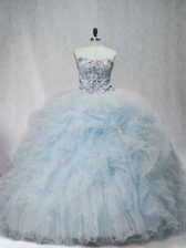 Super Brush Train Ball Gowns Ball Gown Prom Dress Light Blue Sweetheart Tulle Sleeveless Lace Up
