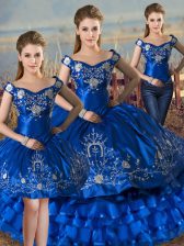 Best Selling Royal Blue Satin and Organza Lace Up Off The Shoulder Sleeveless Floor Length Quinceanera Gown Embroidery and Ruffled Layers