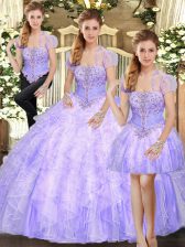 Flirting Lavender Strapless Lace Up Beading and Appliques and Ruffles Sweet 16 Dress Sleeveless