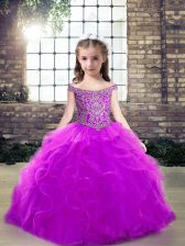 Hot Selling Floor Length Purple Little Girls Pageant Gowns Tulle Sleeveless Beading and Ruffles
