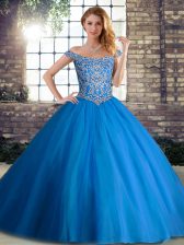 Delicate Blue Ball Gowns Tulle Off The Shoulder Sleeveless Beading Lace Up Sweet 16 Dress Brush Train