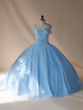 Best Brush Train Ball Gowns Quinceanera Gowns Blue and Light Blue V-neck Tulle Sleeveless Lace Up