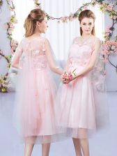 Wonderful Sleeveless Tulle Tea Length Lace Up Quinceanera Court Dresses in Baby Pink with Appliques and Belt