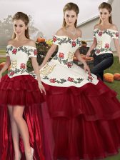Simple Wine Red Ball Gown Prom Dress Military Ball and Sweet 16 and Quinceanera with Embroidery and Ruffled Layers Off The Shoulder Sleeveless Brush Train Lace Up