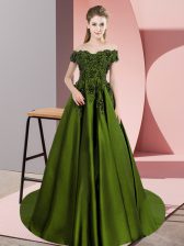 Free and Easy Olive Green Ball Gowns Off The Shoulder Sleeveless Satin Floor Length Zipper Lace Sweet 16 Dresses
