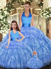 Designer Organza Halter Top Sleeveless Lace Up Ruffles and Pick Ups Quinceanera Dresses in Baby Blue