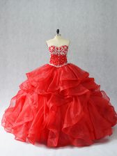  Sweetheart Sleeveless Lace Up Sweet 16 Quinceanera Dress Red Organza