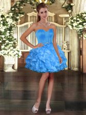 Unique Blue Ball Gowns Organza Sweetheart Sleeveless Ruffles Mini Length Lace Up Prom Dress