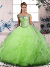 Simple Ball Gowns Tulle Off The Shoulder Sleeveless Beading and Ruffles Floor Length Lace Up Quince Ball Gowns