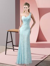 High Quality Sleeveless Lace Floor Length Criss Cross Prom Gown in Light Blue with Beading and Lace