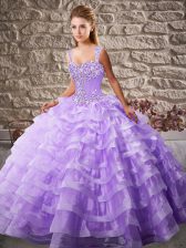  Beading and Ruffled Layers Quinceanera Gowns Lavender Lace Up Sleeveless Court Train