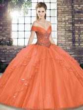 Trendy Floor Length Orange Red Sweet 16 Quinceanera Dress Tulle Sleeveless Beading and Ruffles
