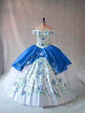  Blue And White Off The Shoulder Neckline Embroidery and Ruffles Sweet 16 Dresses Sleeveless Lace Up