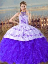 Elegant Blue Ball Gowns Halter Top Sleeveless Organza Court Train Lace Up Embroidery and Ruffles 15 Quinceanera Dress