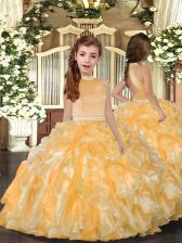  Sleeveless Floor Length Beading and Ruffles Backless Pageant Dress for Teens with Gold