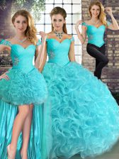  Aqua Blue Fabric With Rolling Flowers Lace Up Sweet 16 Dress Sleeveless Floor Length Beading
