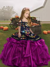 Attractive Embroidery and Ruffles Little Girl Pageant Dress Fuchsia Lace Up Sleeveless Floor Length