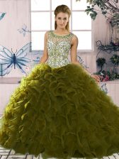  Scoop Sleeveless Lace Up 15th Birthday Dress Olive Green Organza