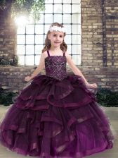  Eggplant Purple Tulle Lace Up Straps Sleeveless Floor Length Kids Pageant Dress Beading and Ruffles