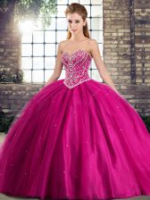  Fuchsia 15 Quinceanera Dress Military Ball and Sweet 16 and Quinceanera with Beading Sweetheart Sleeveless Brush Train Lace Up