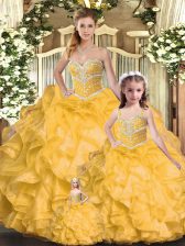  Gold Ball Gowns Beading and Ruffles Quinceanera Gowns Lace Up Organza Sleeveless Floor Length