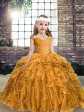 Latest Gold Organza Lace Up Straps Sleeveless Floor Length Girls Pageant Dresses Beading and Ruffles