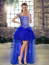  Sleeveless High Low Beading and Ruffles Lace Up Prom Party Dress with Royal Blue