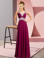  Floor Length Fuchsia Prom Gown V-neck Sleeveless Lace Up