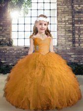 Excellent Gold Ball Gowns Beading and Ruffles Child Pageant Dress Lace Up Tulle Sleeveless Floor Length