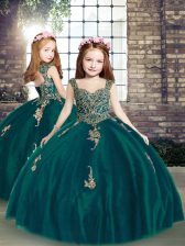High Quality Straps Sleeveless Little Girl Pageant Gowns Floor Length Appliques Peacock Green Tulle