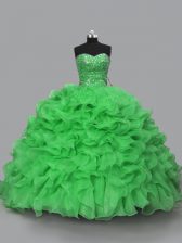 Green Organza Lace Up Sweetheart Sleeveless Floor Length Quinceanera Gowns Beading and Ruffles
