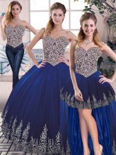 Customized Royal Blue Tulle Lace Up Sweetheart Sleeveless Floor Length Vestidos de Quinceanera Embroidery