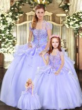  Lavender Organza Lace Up Strapless Sleeveless Floor Length Sweet 16 Quinceanera Dress Beading and Appliques